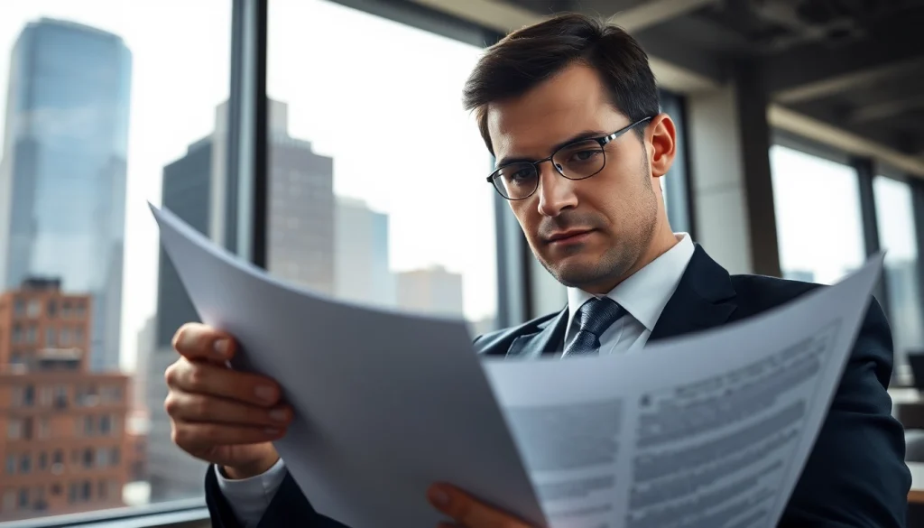 evident domain lawyer analyzing case documents in an office with a city skyline.