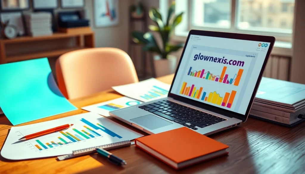 glownexis.com의 디지털 마케팅 작업 공간을 보여주는 이미지로, 생산성과 창의성을 강조합니다.