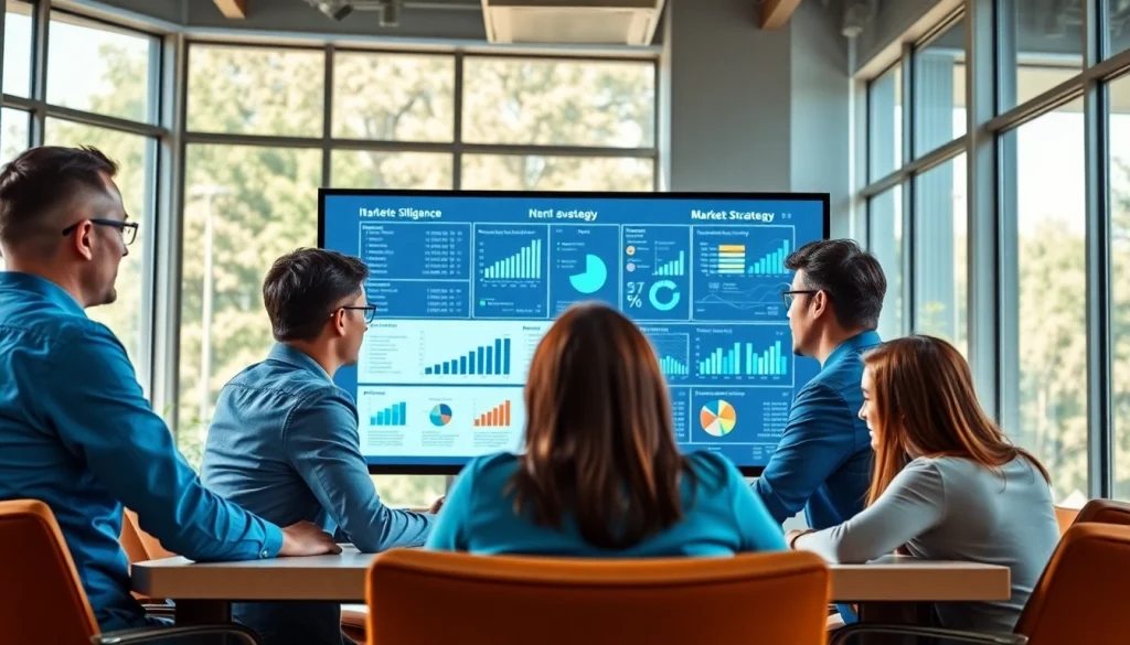 Analyze competitive intelligence in a meeting room setting with professionals and data visuals.