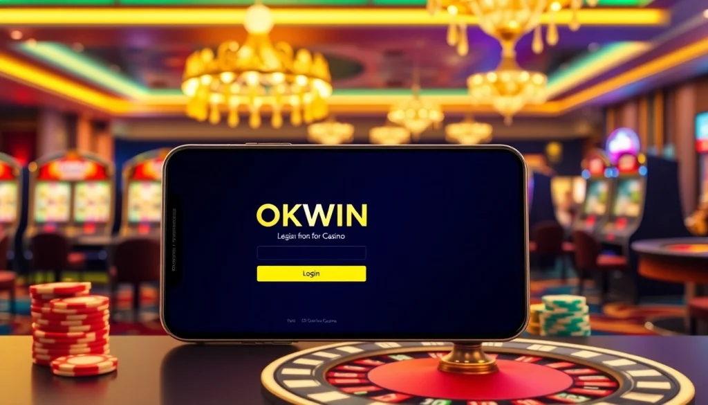 Experience the thrill of gaming as you navigate the OKWIN login on your mobile device amidst an exciting casino atmosphere.