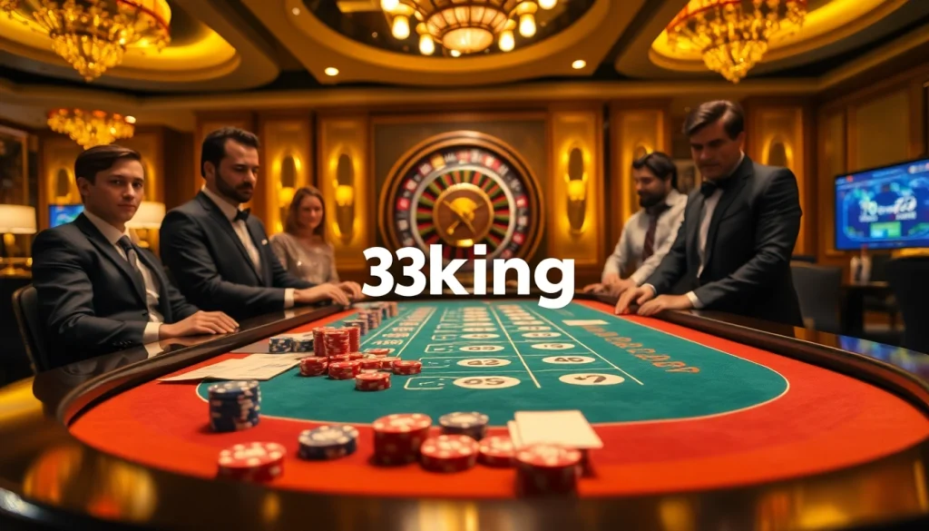 3king players enjoy a thrilling casino experience at a vibrant card table with chips and dice.