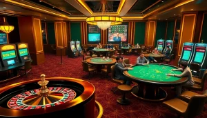 Players enjoying a thrilling f8bet online casino experience with roulette wheels and poker tables in a luxurious atmosphere.