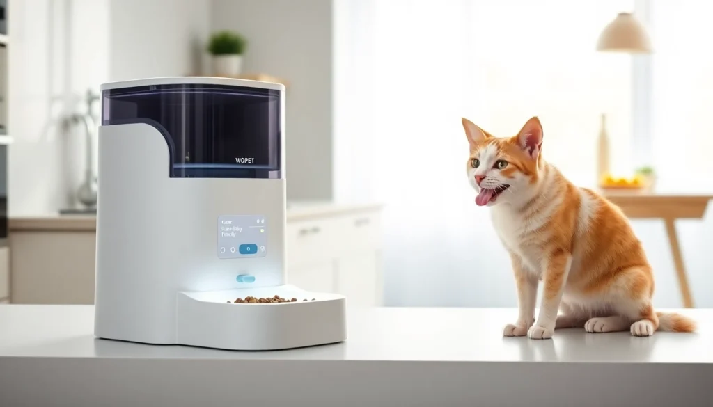 WOPET automatic pet feeder showcasing a user-friendly design in a bright kitchen environment.