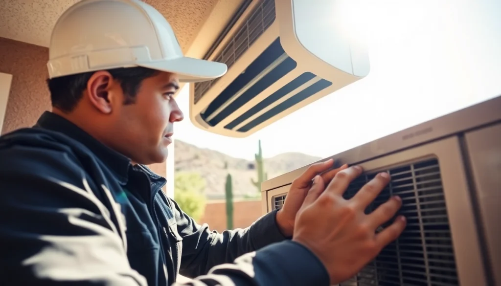 Expert AC repair service in Phoenix, AZ with a technician working on an air conditioning unit.
