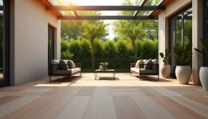 Terrasse élégante mettant en valeur un carrelage extérieur durable éclairé par la lumière naturelle.