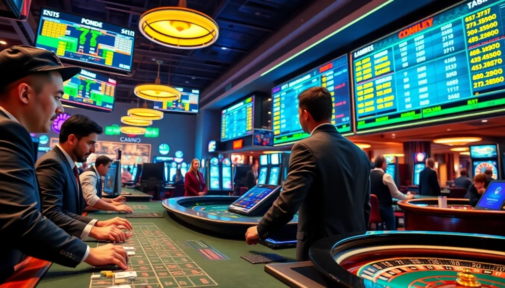 Engaging scene of the best online casinos in Texas with gamblers enjoying high-stakes games, showcasing vibrant LED screens.