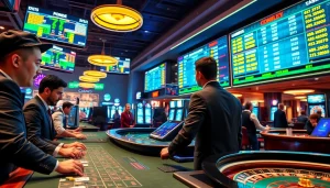 Engaging scene of the best online casinos in Texas with gamblers enjoying high-stakes games, showcasing vibrant LED screens.