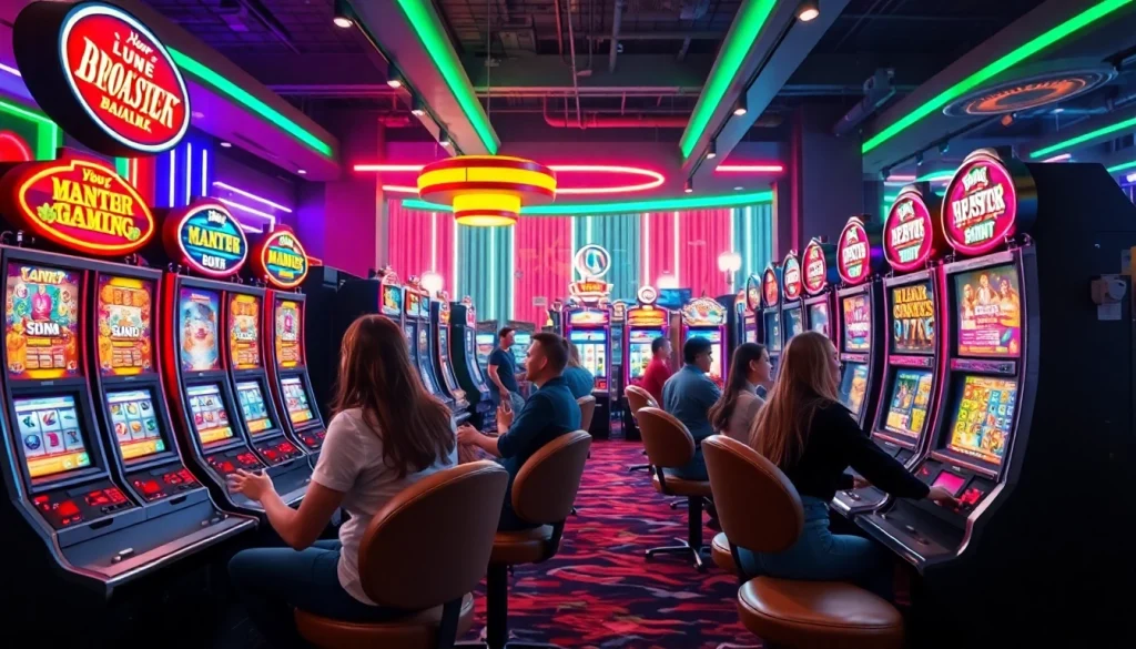 Petani toto bermain di mesin slot berwarna-warni dalam suasana yang meriah.