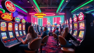 Petani toto bermain di mesin slot berwarna-warni dalam suasana yang meriah.