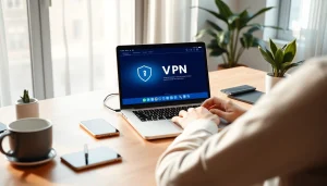 快连vpn下载 interface on a laptop in a modern workspace showing user engagement.