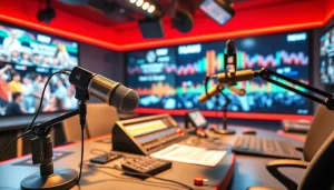 Engaging radio studio setup highlighting hometownstation.com broadcasts and community connection.