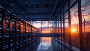 Cloud crypto mining setup featuring advanced rigs and renewable energy sources.