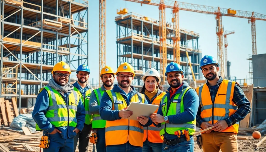 Construction workforce development in action as diverse professionals collaborate on a building site.