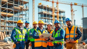 Construction workforce development in action as diverse professionals collaborate on a building site.