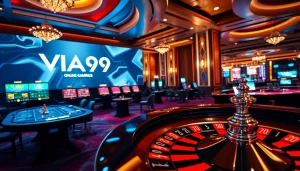 Engaging online gambling scene highlighting VUA99 with casino tables and vibrant cards.