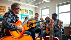 Learn guitar with personalized guidance at https://guitarlessons.co.uk in a vibrant classroom setting.