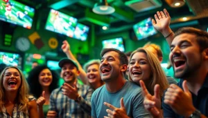 Engaged fans enjoying sports betting in Georgia at a lively bar during a game.