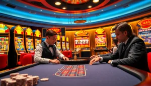 Players experience excitement at king88 casino with poker and roulette tables during a thrilling game.