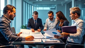 VAT Services in UAE: Professionals discussing financial reports in a modern office setting.