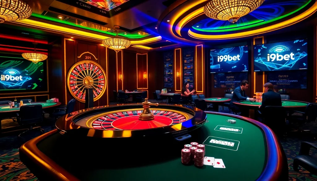 Experience the thrill of i9bet with an exciting scene featuring poker chips and roulette.