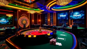 Experience the thrill of i9bet with an exciting scene featuring poker chips and roulette.