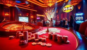 Engage in thrilling gambling at 99OK COM with luxury casino table settings and joyous players.