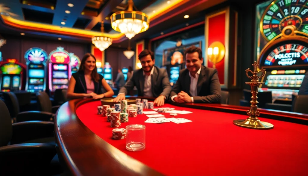 Experience the thrill of gaming at 32WIN with stylish poker players and an elegant casino setting.