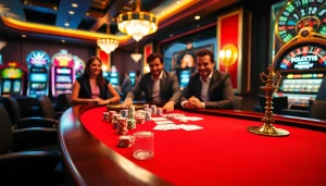 Experience the thrill of gaming at 32WIN with stylish poker players and an elegant casino setting.