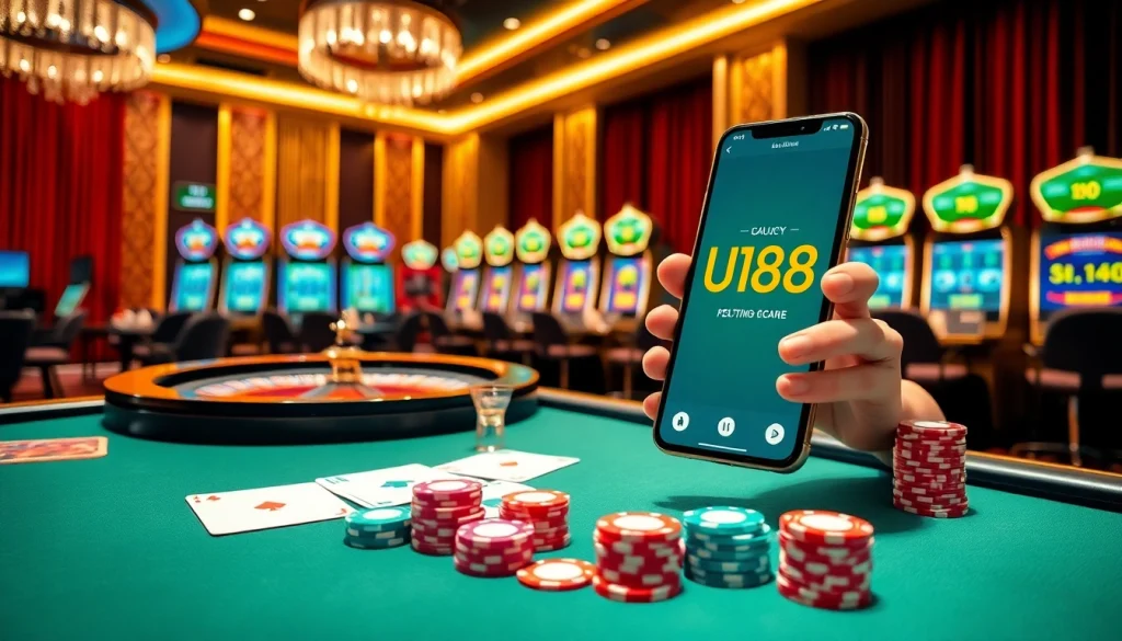 Gamblers enjoying the UU88 online betting experience at a luxurious casino.