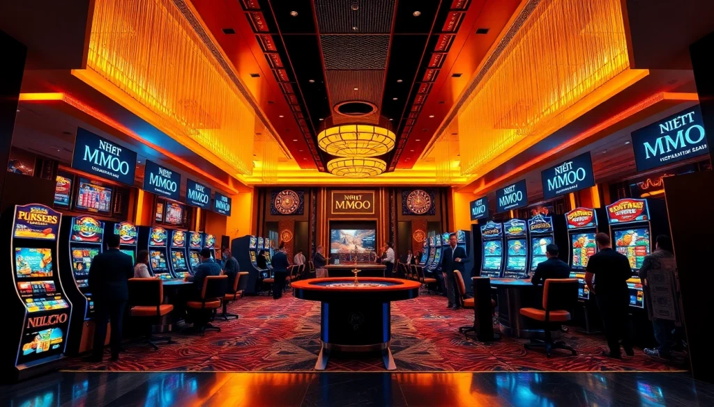 Players enjoying gaming activities at Nhà cái MMOO's luxurious casino, showcasing excitement and high stakes.