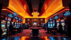 Players enjoying gaming activities at Nhà cái MMOO's luxurious casino, showcasing excitement and high stakes.
