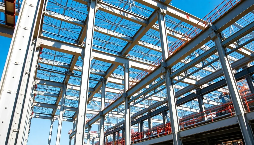 Showcase of steel structure design highlighting a commercial building framework under construction.