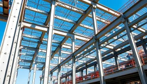 Showcase of steel structure design highlighting a commercial building framework under construction.
