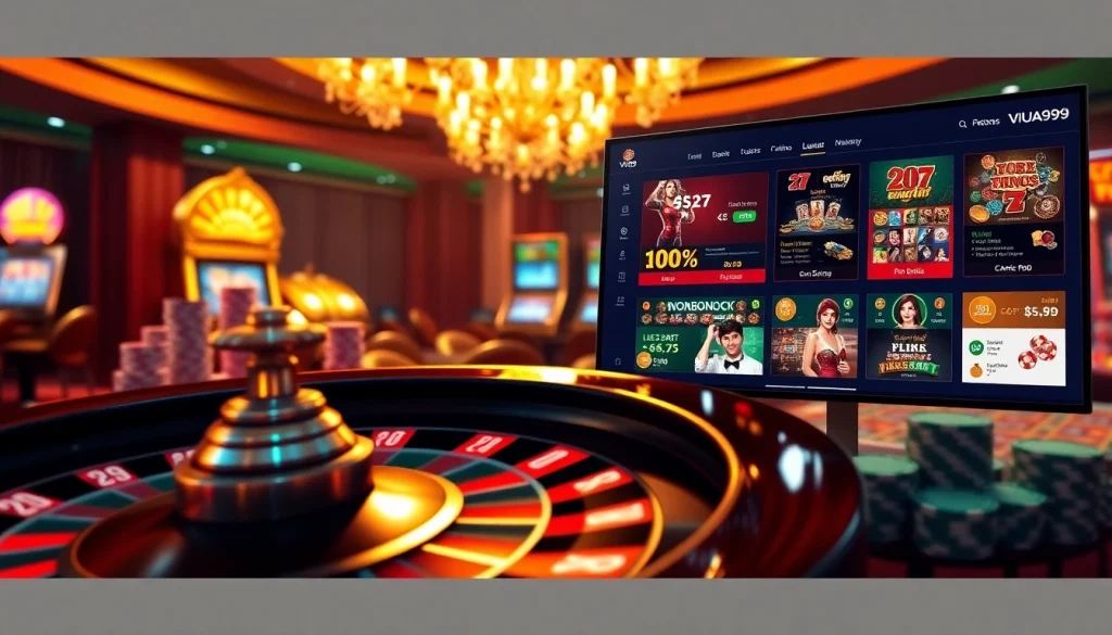VUA99 casino scene showcasing luxury gaming experience with roulette wheel and poker chips.