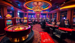 Marvelbet casino scene with roulette, slot machines, and vibrant poker tables creating an exciting gambling atmosphere.