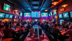 Engaging scene of sports betting in Texas with enthusiastic fans in a lively sports bar.