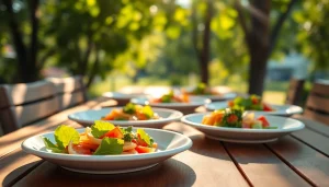 Serving fresh food on eco friendly disposable plates with natural designs on a wooden table.