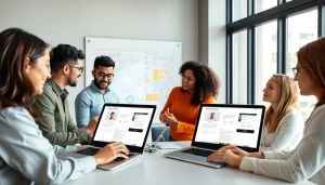 Designers collaborating on edmonton web design projects in a bright, modern workspace.