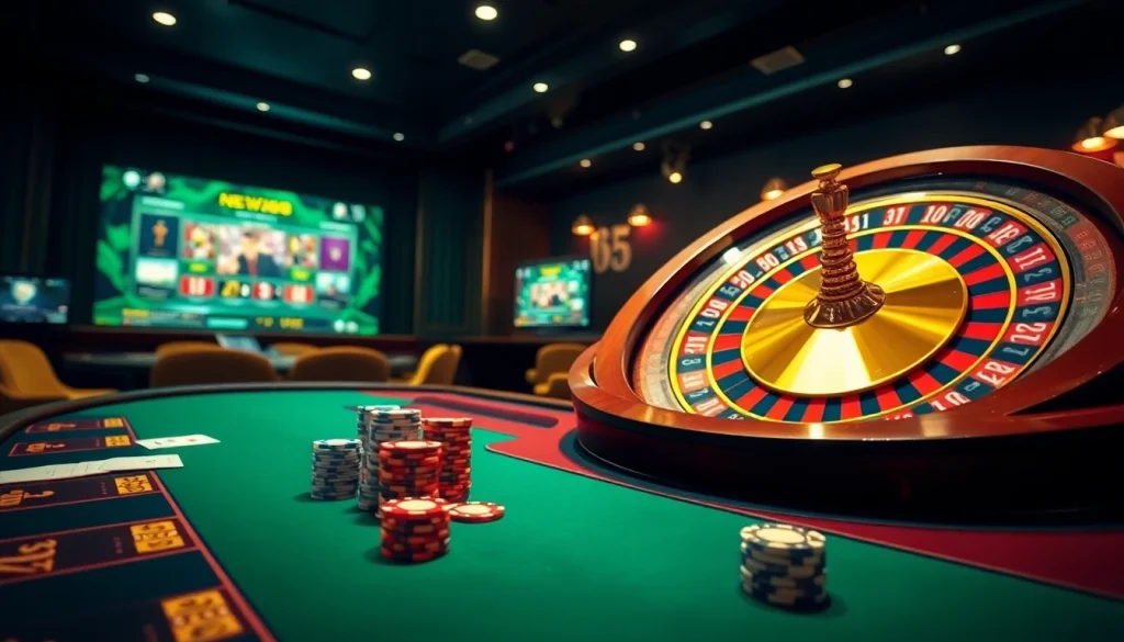 Engaging scene of Nhà cái NEW88 showcasing a lively casino atmosphere with poker and roulette.