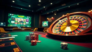 Engaging scene of Nhà cái NEW88 showcasing a lively casino atmosphere with poker and roulette.