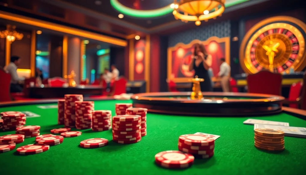 Experience thrilling moments at rr88 with vibrant casino games, exciting poker chips, and a stylish roulette wheel.