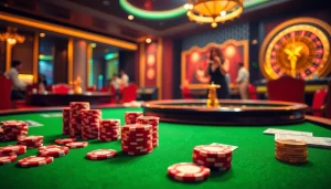 Experience thrilling moments at rr88 with vibrant casino games, exciting poker chips, and a stylish roulette wheel.