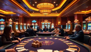 Experienced players enjoy thrilling action at S8 casino's elegant gaming table filled with vibrant chips and cards.