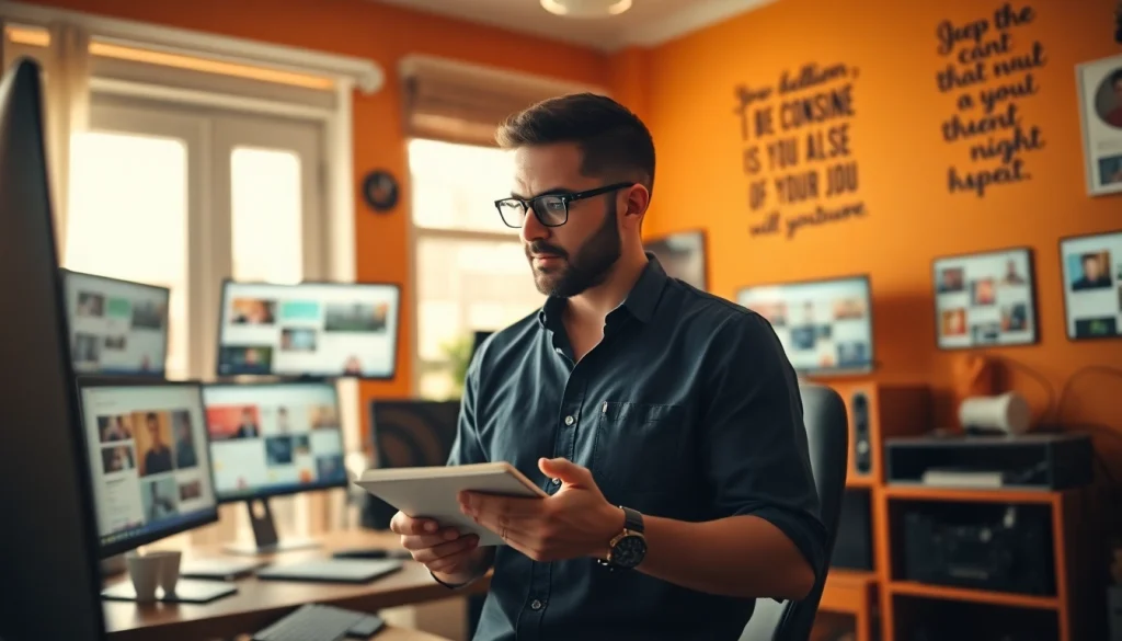 Engaged content monetization for creators in a cozy home office, highlighting creative workspace.