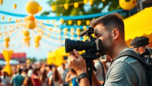 Videographer capturing vibrant outdoor event moments with professional equipment.