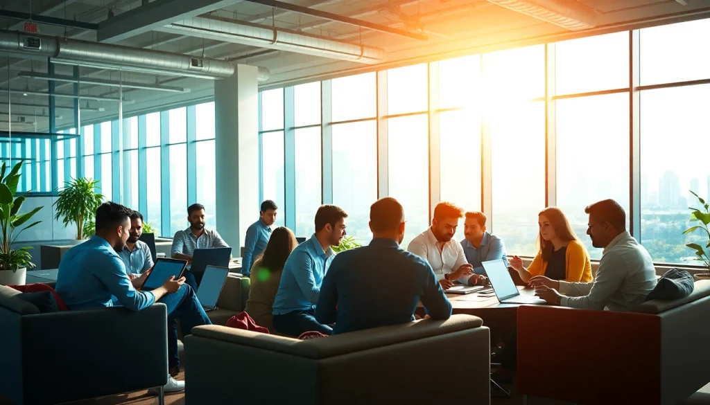 Showcase a modern workspace promoting startup kolkata with diverse teams collaborating.