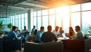 Showcase a modern workspace promoting startup kolkata with diverse teams collaborating.