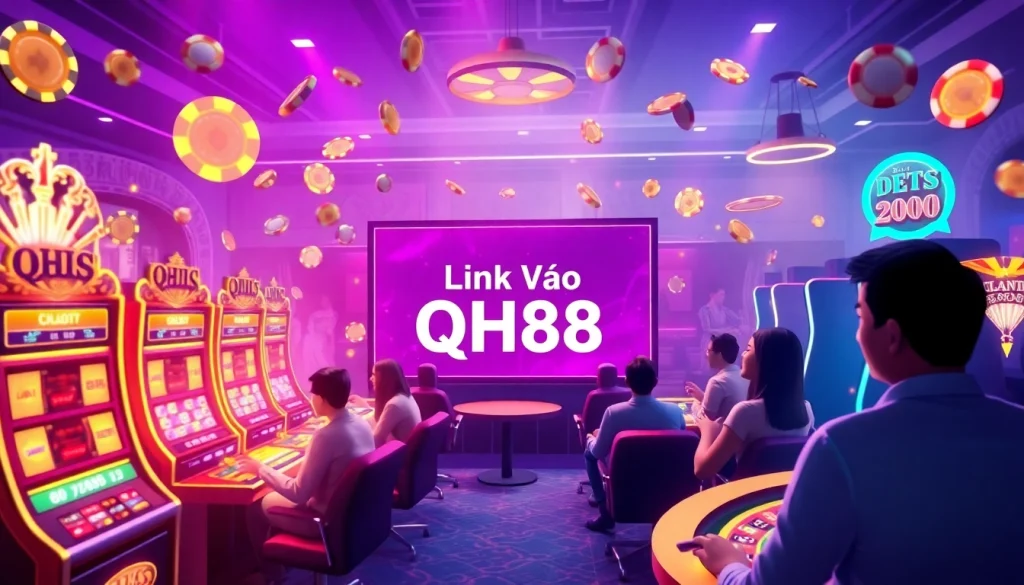 Link Vào QH88 showcases engaging online casino gameplay with vibrant poker chips and roulette wheels.