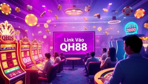 Link Vào QH88 showcases engaging online casino gameplay with vibrant poker chips and roulette wheels.