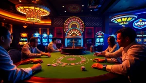 Join the excitement at obraltoto with poker chips and a roulette wheel in a vibrant casino atmosphere.
